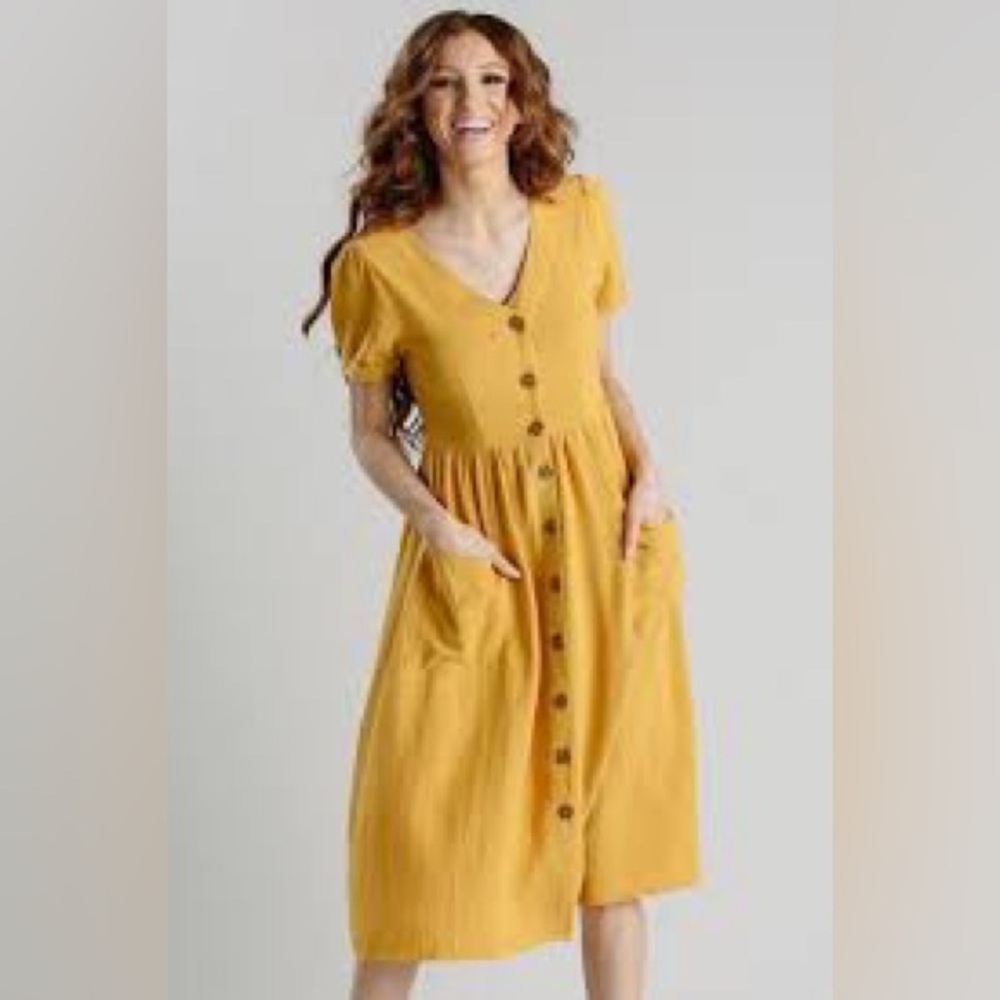Emery rose Yellow Peplum Buttoned Sundress with Puff Sleeves
